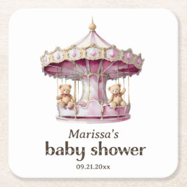 テディベアツインガールベビーシャワー紙コースター スクエアペーパーコースター