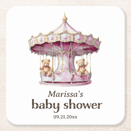 テディベアツインガールベビーシャワー紙コースター スクエアペーパーコースター (正面)