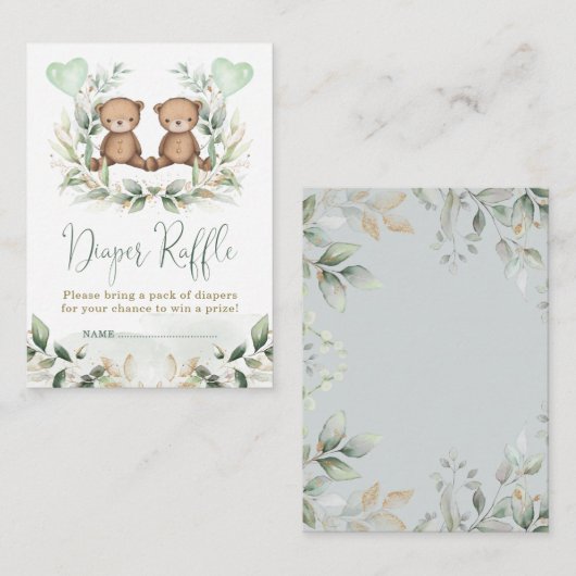 テディベアツインズグリーンリー金ゴールドおむつラッフルベビー エンクロージャーカード (正面/裏面)