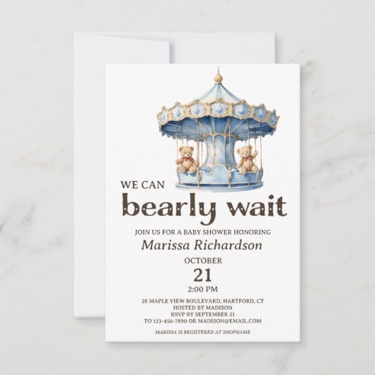 テディベアツインボーイズ赤ちゃんシャワー招待状 招待状 (正面)