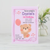 テディベアテーマガールの最初の誕生日パーティーインビタ 招待状 (スタンド正面)