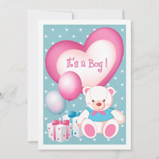 テディベアデザイン男の赤ちゃん誕生発表 案内状 (正面)