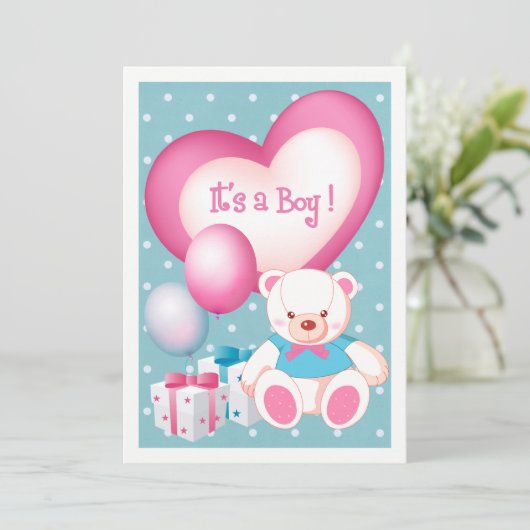 テディベアデザイン男の赤ちゃん誕生発表 案内状 (スタンド正面)