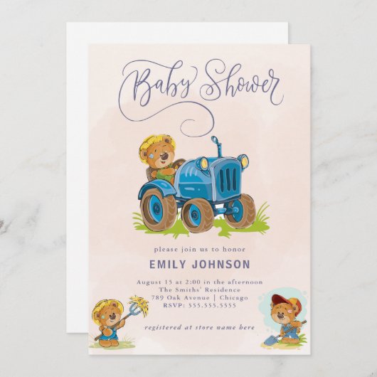 テディベアトラクターベビーシャワー招待状 招待状 (正面/裏面)