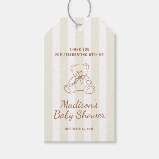 テディベアニュートラルストライプベビーシャワー ギフトタグ (正面)