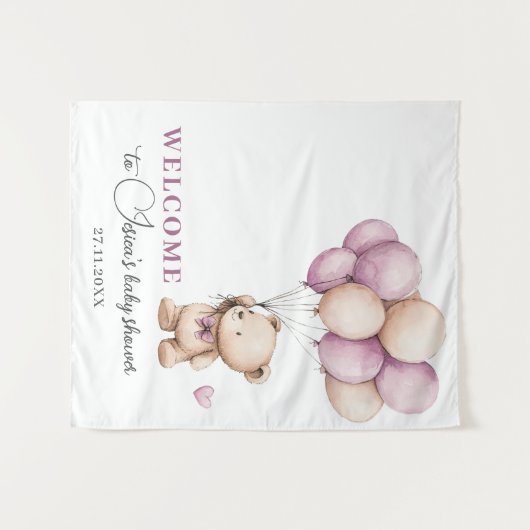 テディベアバイオレットダスティピンクベージュバルーン タペストリー (正面(横))