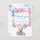テディベアバカラフルルーンベアリー第1誕生日 サンキューカード (正面/裏面)