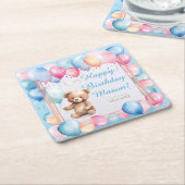 テディベアバカラフルルーンベアリー第1誕生日 スクエアペーパーコースター (アングル)