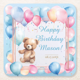 テディベアバカラフルルーンベアリー第1誕生日 スクエアペーパーコースター