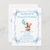 テディベアバカラフルルーンベアリー第1誕生日 招待状 (正面/裏面)