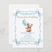 テディベアバカラフルルーンベアリー第1誕生日 招待状 (正面/裏面)