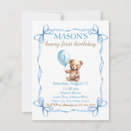 テディベアバカラフルルーンベアリー第1誕生日 招待状