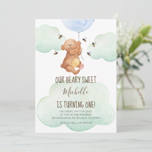 テディベアバチズベアリースイートベビー第1誕生日 招待状 (スタンド正面)