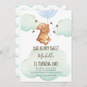 テディベアバチズベアリースイートベビー第1誕生日 招待状 (正面/裏面)