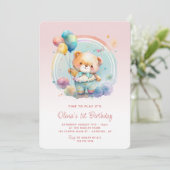 テディベアバルーズピンク1st誕生日 招待状 (スタンド正面)