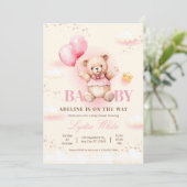 テディベアバルーンの女の子ベビーシャワー招待状 招待状 (スタンド正面)