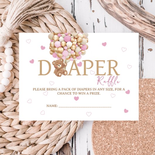 テディベアバルーンをテーマにしたオムツラッフルピンク エンクロージャーカード