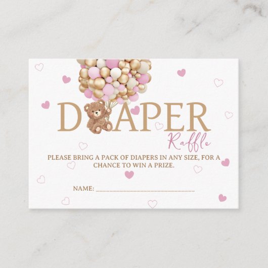 テディベアバルーンをテーマにしたオムツラッフルピンク エンクロージャーカード (正面)