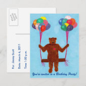 テディベアバルーンスイング誕生日招待状はがき インビテーションポストカード (正面/裏面)