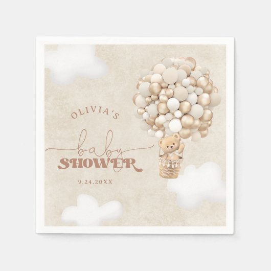 テディベアバルーンニュートラルベビーシャワーナプキン スタンダードカクテルナプキン (正面)