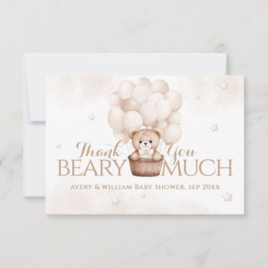 テディベアバルーンニュートラルベビーシャワー サンキューカード (正面)