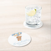 テディベアバルーンハッピーバースデーブルーボーイ ラウンドペーパーコースター (インサイチュ)