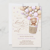 テディベアバルーンパープルビーリーウェイベビーシャワー 招待状 (正面)