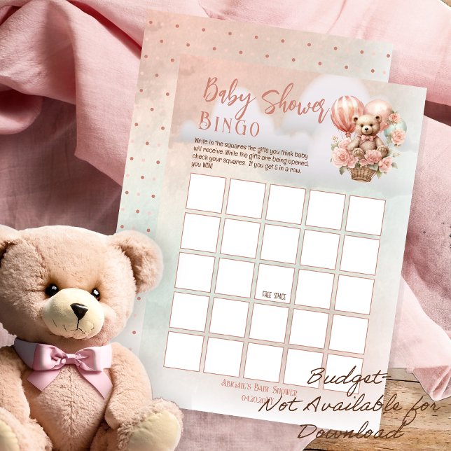 テディベアバルーンピンクの女の子ベビーシャワービンゴ (Teddy Bear in a Hot Air Balloon -- Pink Flowers Girl Baby Shower Bingo Game Board -Budget Print Only)