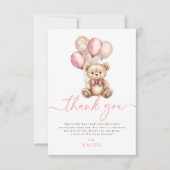 テディベアバルーンピンクの女の子ベビーシャワー サンキューカード (正面)