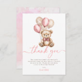 テディベアバルーンピンクの女の子ベビーシャワー サンキューカード (正面/裏面)