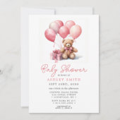 テディベアバルーンピンクの女の子ベビーシャワー 招待状 (正面)