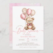 テディベアバルーンピンクの女の子ベビーシャワー 招待状 (正面/裏面)