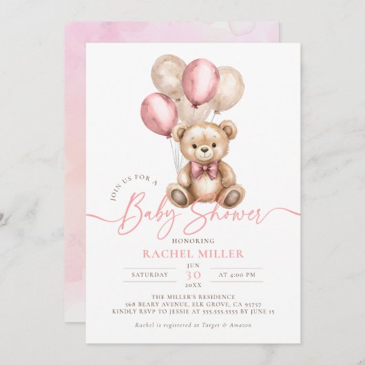 テディベアバルーンピンクの女の子ベビーシャワー 招待状 (正面/裏面)