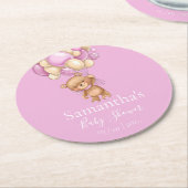 テディベアバルーンピンクの赤ちゃんシャワー ラウンドペーパーコースター (アングル)