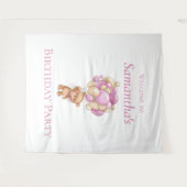 テディベアバルーンピンクガール誕生日背景 タペストリー (正面(横))