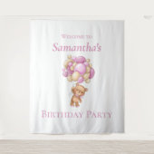 テディベアバルーンピンクガール誕生日背景 タペストリー (正面)