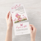 テディベアバルーンピンクバタフライガールベビーシャワー オールインワン招待状 (貼ってはがせる)