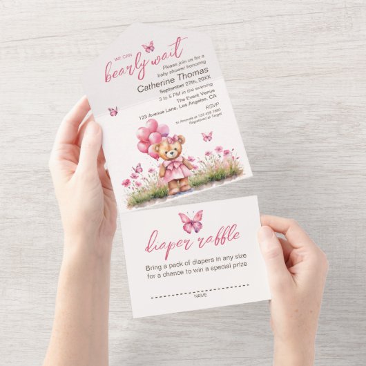 テディベアバルーンピンクバタフライガールベビーシャワー オールインワン招待状 (貼ってはがせる)