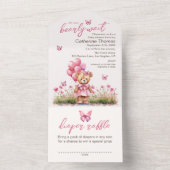 テディベアバルーンピンクバタフライガールベビーシャワー オールインワン招待状 (内側)