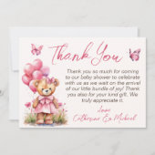 テディベアバルーンピンクバタフライガールベビーシャワー サンキューカード (正面)