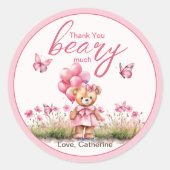 テディベアバルーンピンクバタフライガールベビーシャワー ラウンドシール (正面)