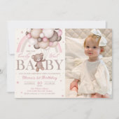 テディベアバルーンピンクレインボー誕生日写真 招待状 (正面)