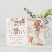 テディベアバルーンピンクレインボー誕生日写真 招待状 (スタンド正面)