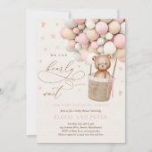テディベアバルーンピンク真珠待機赤ちゃんシャワー 招待状 (正面)