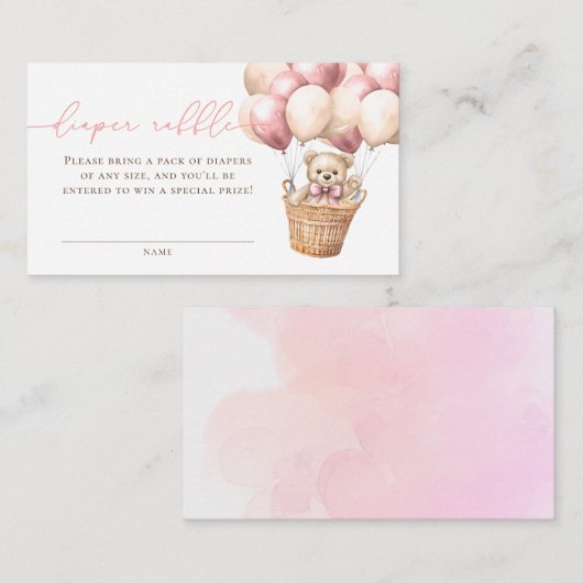テディベアバルーンピンク赤ちゃんシャワーおむつラッフル エンクロージャーカード (正面/裏面)