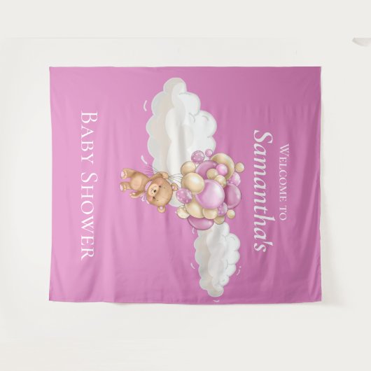 テディベアバルーンピンク赤ちゃんシャワー背景 タペストリー (正面(横))