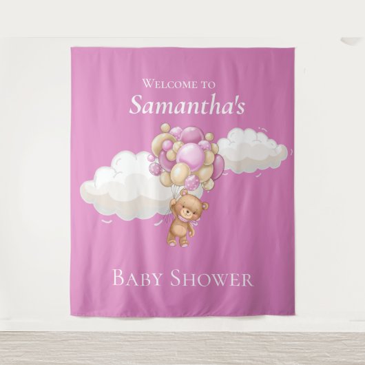 テディベアバルーンピンク赤ちゃんシャワー背景 タペストリー (正面)