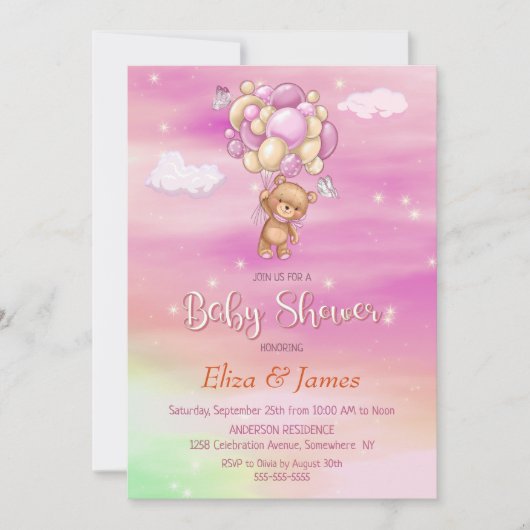テディベアバルーンピンク赤ちゃんシャワー 招待状 (正面)