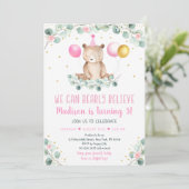 テディベアバルーンピンク金ゴールド緑誕生日 招待状 (スタンド正面)