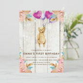 テディベアバルーンファースト素朴誕生日 招待状 (スタンド正面)